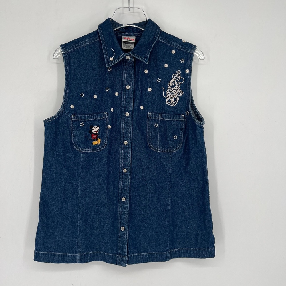 Vtg Disney Top Womens XL Mickey Minnie Chambray Embroidered 90s Y2K‎ Blue Denim